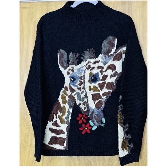 Vtg Roberta Frost Sz L Hnd Knit 100% Virgin Wool Giraffe Wearable Art LS Sweater - Picture 2 of 6